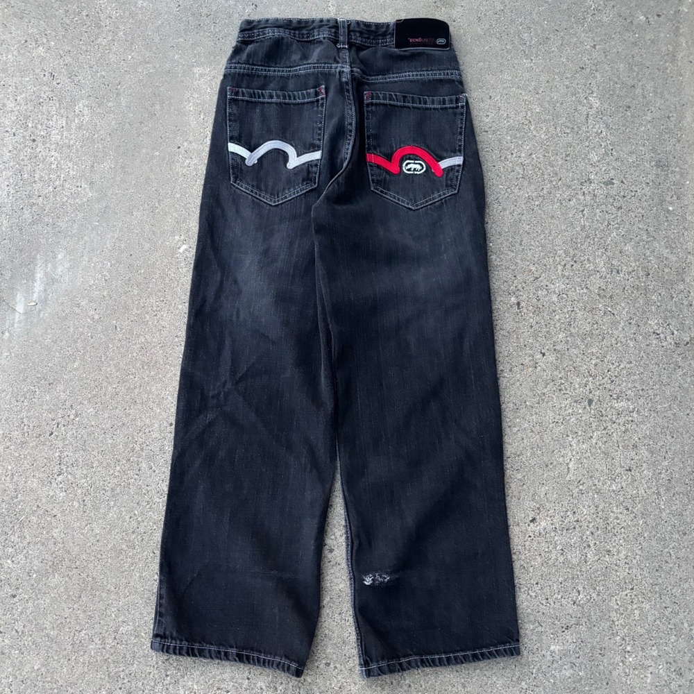 Ecko Unltd Black Embroidered Y2K 2000s Baggy Wide Fit Jeans Boys Kids Size 12
